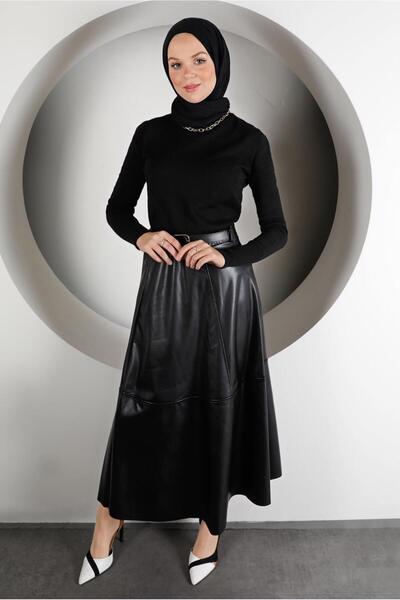 TRENDTESETTÜR Women's Black Belted Leather Skirt 4611