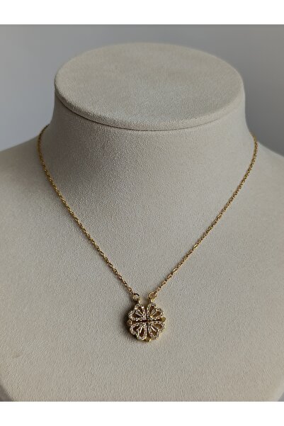 PileaD Gold Taşlı Yonca Kalpli Çelik Kolye 316l Kararmaz Garantili (AÇILABİLİR MIKNATISLI)