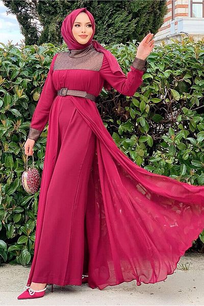 TRENDTESETTÜR Women's Burgundy Belted Jumpsuit Set 4153