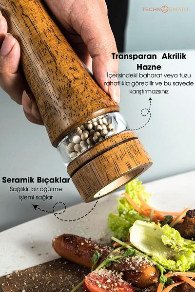 TechnoSmart Premium 22cm Natural Wood and Acrylic Clear Spice Grinder - Black Pepper Salt 2 Pcs
