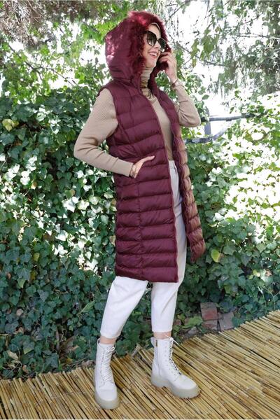 TRENDTESETTÜR Women's Claret Red (Claret Red) Zippered Hooded Puffer Vest 9001