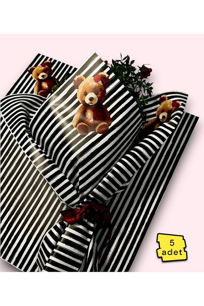 COLORPAK Flower Bouquet Wrapping Paper Gelatin (Black Stripes with Teddy Bear Pattern) White Opp 55X55Cm (5Pcs)