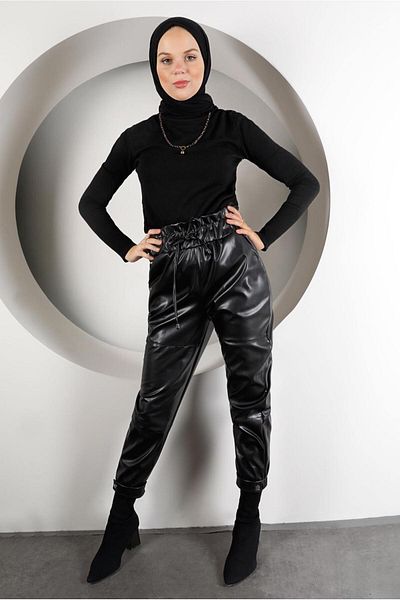 TRENDTESETTÜR Women's Black Elastic Waist and Leg Leather Trousers 8320