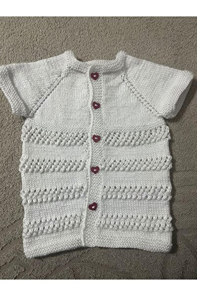 ŞengülKozmetik Baby Girl Vest White Heart Buttoned Hand Knitted 25 X 35