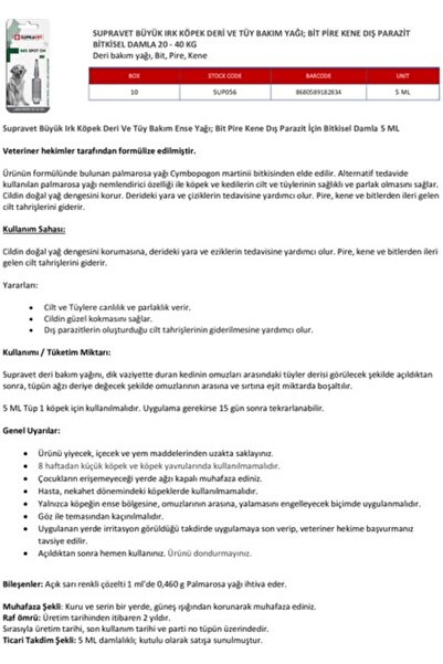 Supravet Large Breed Dog Skin and Coat Care Oil; Lice Flea Tick External Parasite Repellent 20-40 kg