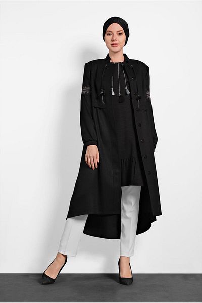 TRENDTESETTÜR Women's Black Tassel Detailed Tunic 40290