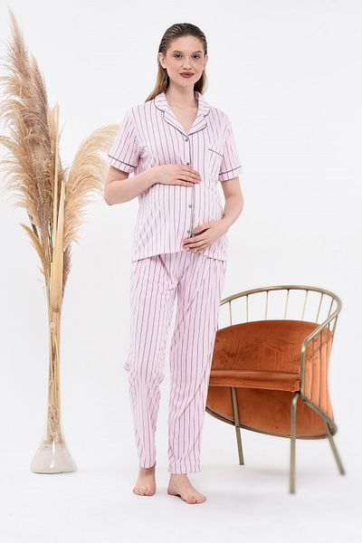 LadyMina Pijama Set pijamale dublă cu mânecă scurtă în dungi roz pentru gravidă și maternitate