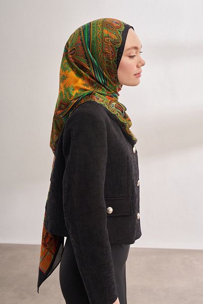 ARMANDA Black-Orange Mystic Patterned Imported Voile Shawl