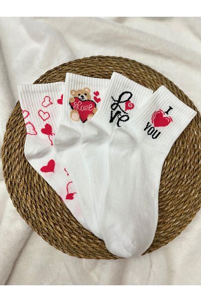 FUBA Aksesuar 4 Pairs of Heart Bear Patterned Women's Socks