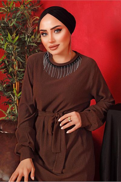 TRENDTESETTÜR Γυναικείο φόρεμα με αλυσίδα καφέ γιακά T 2003