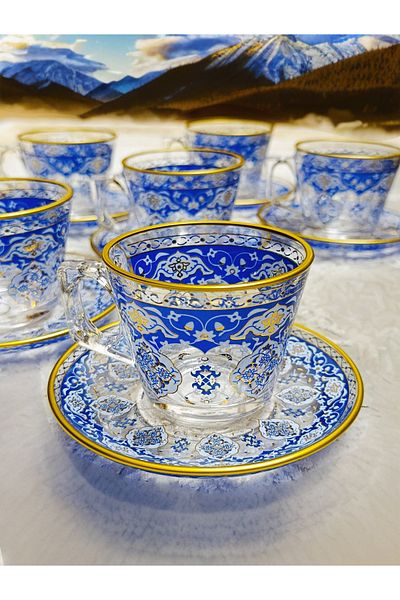 SAMSA Blue Patterned 6 Pieces Large Cup and Saucer Set 195 ml