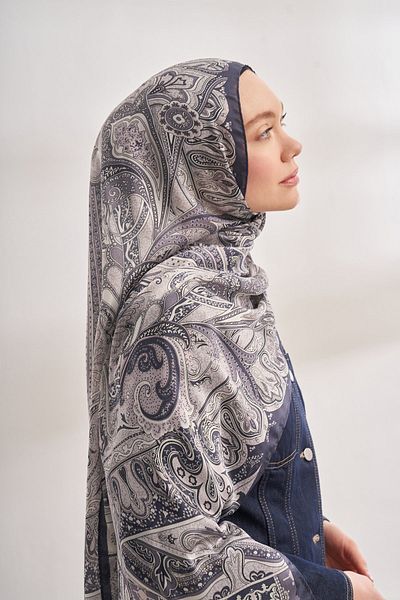 ARMANDA Mystical Pattern Imported Voile Shawl - Navy Blue-Cream