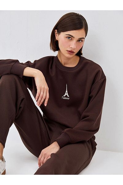 LC Waikiki Γυναικείο φούτερ LCW Vision Brown Crew Neck Κέντημα Oversize