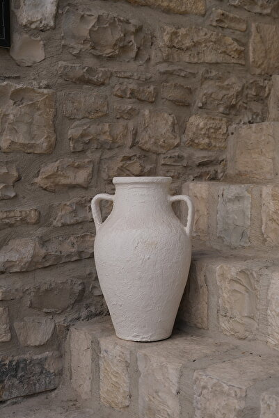 Rizzo Home El Yapımı Çift Kulplu Seramik Vazo - Beyaz Dokulu, 45 Cm Dekoratif