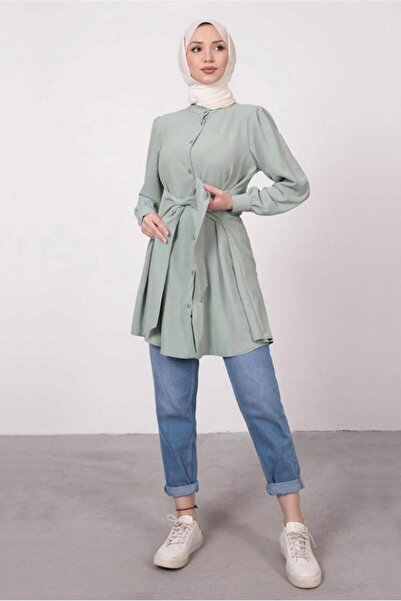 TRENDTESETTÜR Women's Green (MINT) Judge Collar Tie Detailed Tunic T 1965