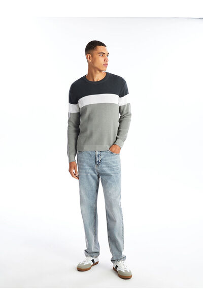 LC Waikiki Men's Knitwear Sweater - Crew Neck, Long Sleeve, Color Block