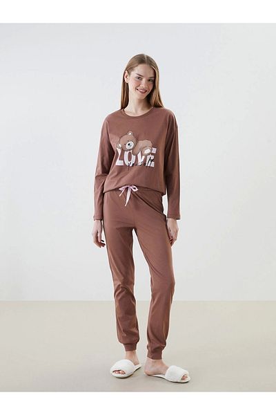 LC Waikiki LCW Young - Γυναικείο σετ πιτζάμες με στάμπα με λαιμόκοψη