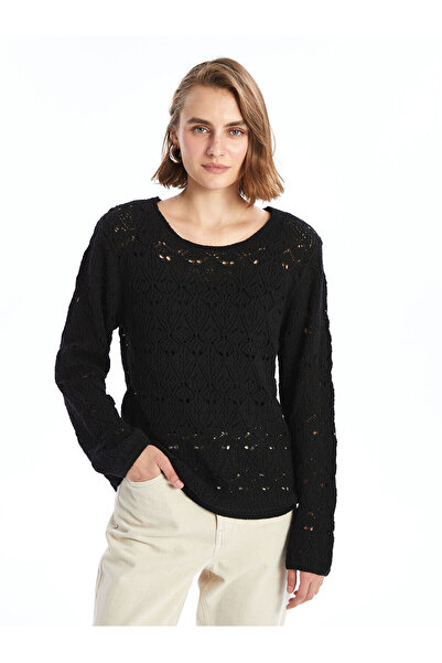 LC Waikiki Black Crew Neck Openwork Long Sleeve Women's Knitwear Sweater
