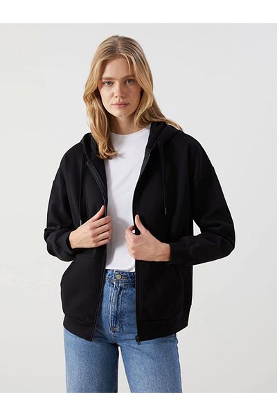 LC Waikiki Lcw Modest Black Hooded Oversize Women's Zip-Up Sweatshirt