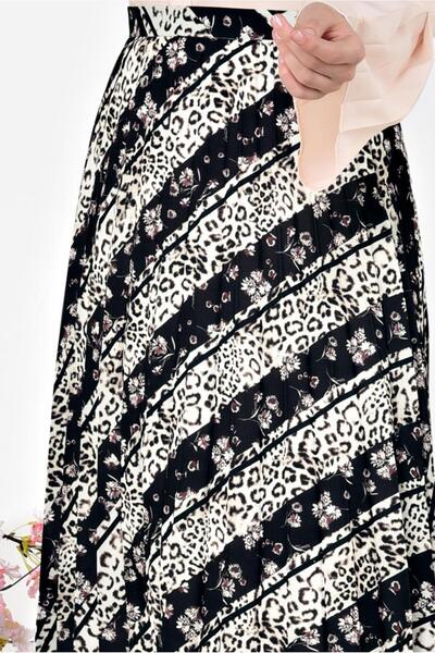 TRENDTESETTÜR Women's Black Leopard Patterned Pleated Skirt 6325