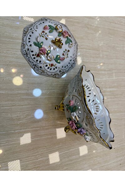 hediye ESTERHOMEDECOR Kapaklı porselen dekoratif ayaklı tabak kabartma çiçekl...