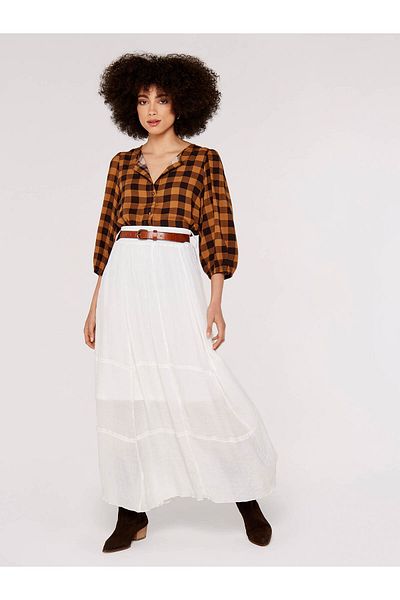 Apricot Bluse mit Ballonärmeln im Gingham-Karo