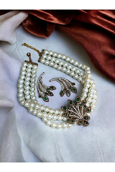 FAYRA ACCESSORIES Zümrüt Yeşil Hayat Ağacı Figür İnci Kolye ve Küpe Seti