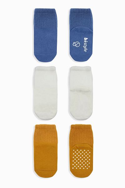 BT Teknik Set of 3 Non-Slip Combed Cotton Socks - Indigo Ecru Mustard