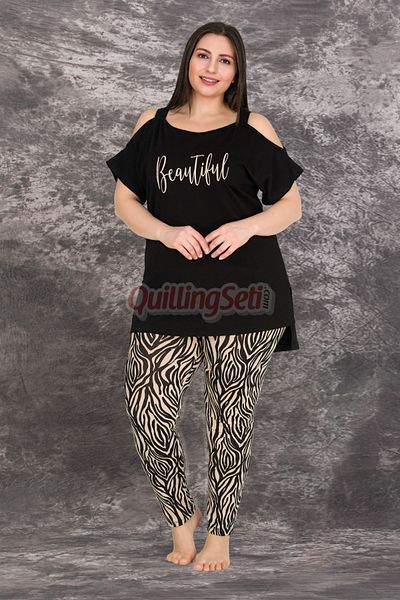 quilling Black Color Zebra Patterned Lady-10758 Women's Short Sleeve Large Size Mother Pajama Set