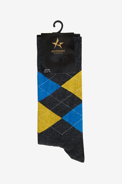 ALTINYILDIZ CLASSICS Men's Anthracite-Yellow-Navy Blue Patterned Cotton Casual Socks