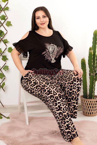 quilling Black Color Leopard Patterned 10953 Women's Short Sleeve Plus Size Mother Pajama Set