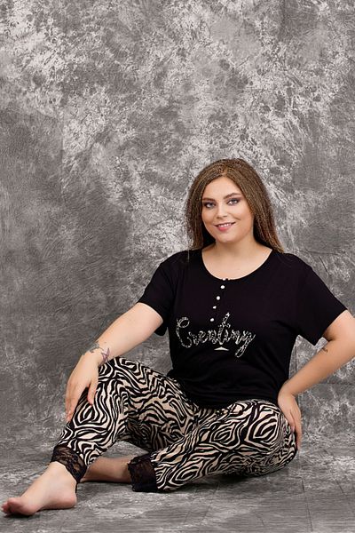 quilling Black Color Zebra Patterned 10998 Women's Short Sleeve Plus Size Mother Pajama Set