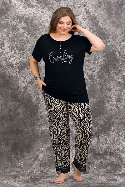 quilling Black Color Zebra Patterned 10998 Women's Short Sleeve Plus Size Mother Pajama Set
