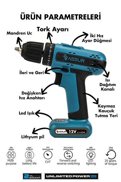 ASSUR Şarjlı Vidalama Matkap Dahili Güçlü Batarya 12v Akülü Vidalama