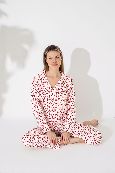Sude HOMEWEAR Women's Heart Print Long Sleeve Shirt Pajama Set
