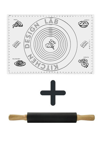 Atlas Mutfak White 45X65 cm Silicone Dough Rolling Mat and Black Classic Roller