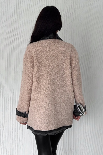 FEMELLE Women's Beige Standard Size Double Breasted Lapel Double Pocket Button Denim Jeans Detailed Coat