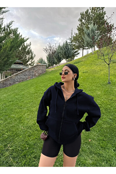 YAKAMEL Синій жіночий оверсайз-кардиган з прямим застібкою-блискавкою