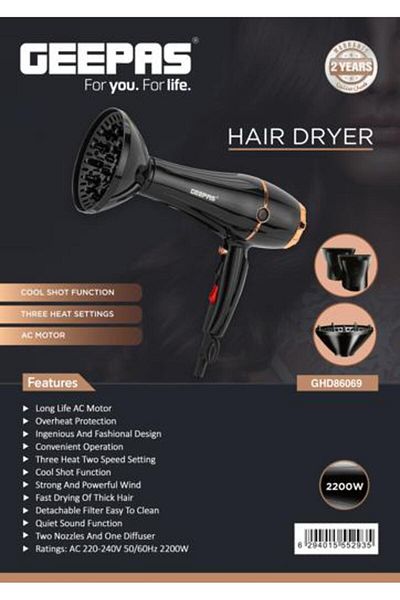 Geepas 2200 W Hair Dryer- High Speed and Cool Shot Function,