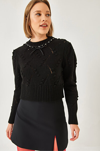 Bianco Lucci Pulover de damă cu guler cu mărgele și fundă 20246308