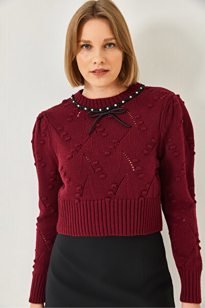 Bianco Lucci Pulover de damă cu guler cu mărgele și fundă 20246308