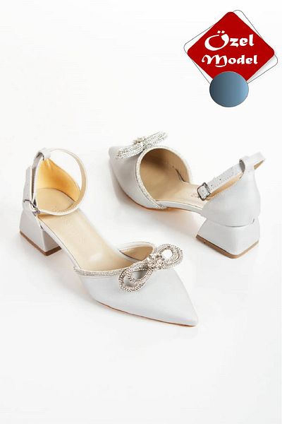 GUİZA Satin Low Heeled Shoes, Women's Shoes with Stone Bows for Daily and Special Occasions