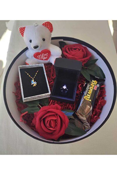 HKN AVM ACCESSORİES Hediye Kutusunda Işıklı Kutuda  Gümüş TEKTAŞ Yüzük Ay  Kelebek Kolye 14 Şubat Sevgililer Günü