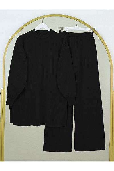 Modamorfo Strickwaren-Set mit Rundhalsausschnitt und Ballonärmeln – Schwarz