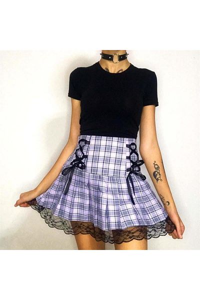 Köstebek Anime Harajuku Street Lace Λεπτομερής λιλά καρό πλισέ φούστα