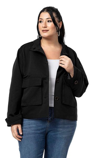 DISENTIS MODEST Large Size Stand Collar Clamshell Bag Pocket Lined Short Black Trench Coat