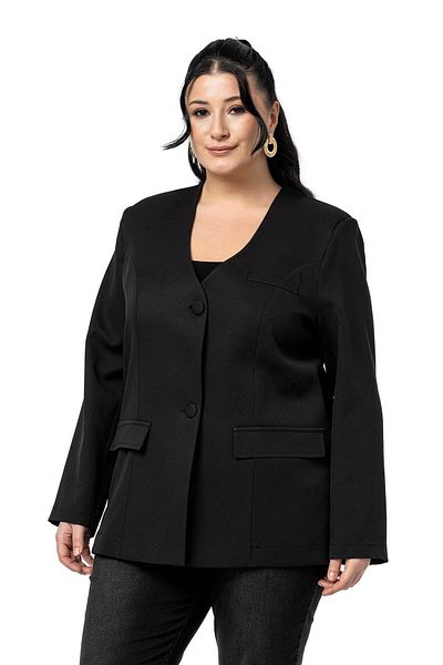 DISENTIS MODEST Plus Size Plated Buttoned Ornamental Pocket Flap Padded Black Jacket