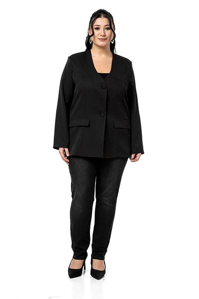 DISENTIS MODEST Plus Size Plated Buttoned Ornamental Pocket Flap Padded Black Jacket