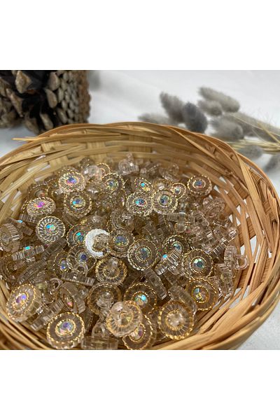 Bukle İplik 20" Button - Clear Hologram, Plastic with Crystal Stones and Gold Frames (20 Pcs)