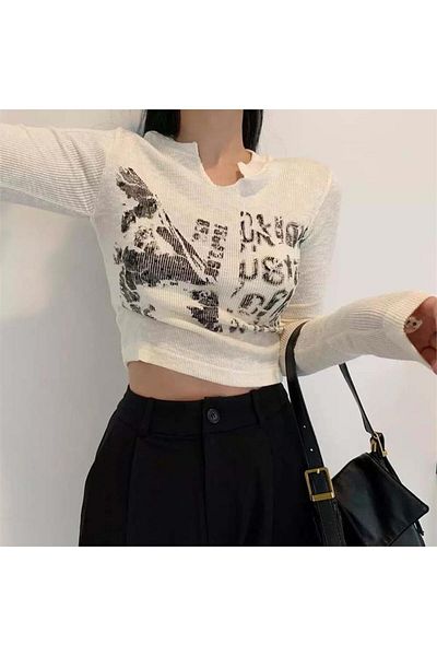 Köstebek Aesthetic Retro Halftone Half Women's Long Sleeve Crop
